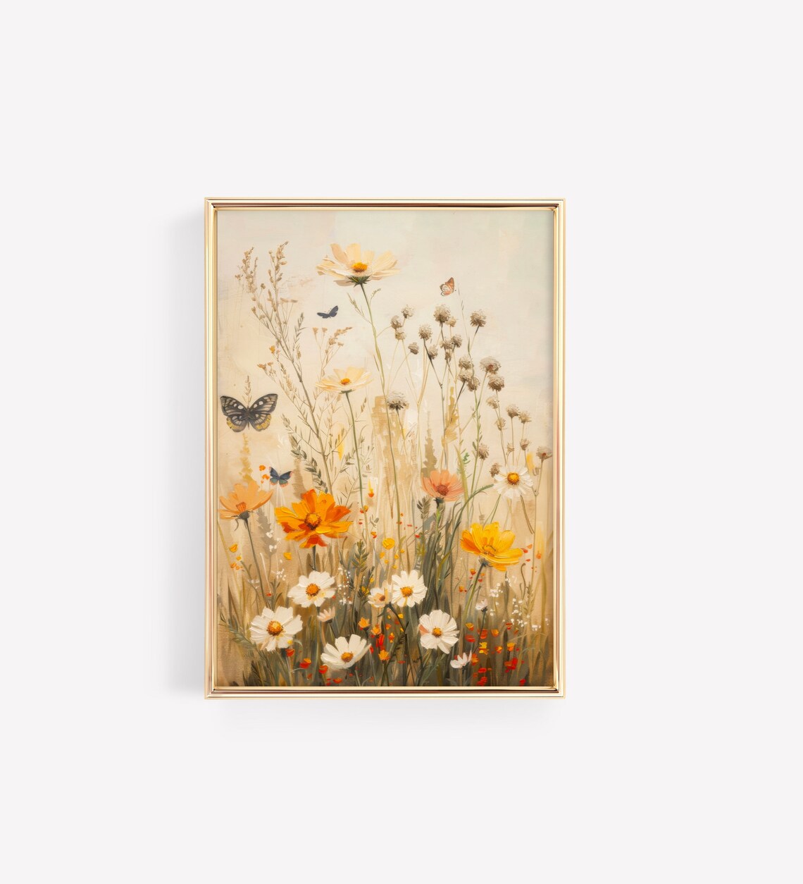 Moody Wildflower Meadow Butterflies Vintage Neutral Field Painting Poster - Image 3