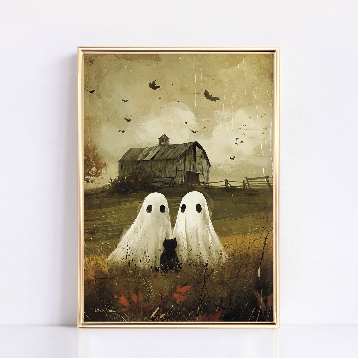 Two Cute Ghosts With Black Cat Vintage Halloween Barn Art Poster - Image 2