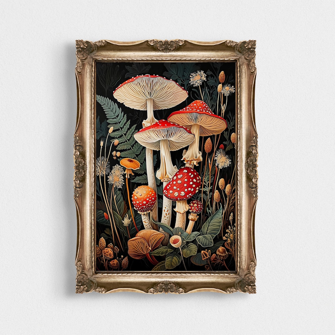 Fly Agaric Mushroom Botanical Illustration Dark Floral Wall Art
