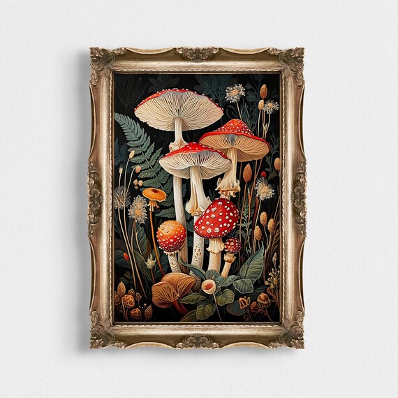 Fly Agaric Mushroom Botanical Illustration Dark Floral Wall Art