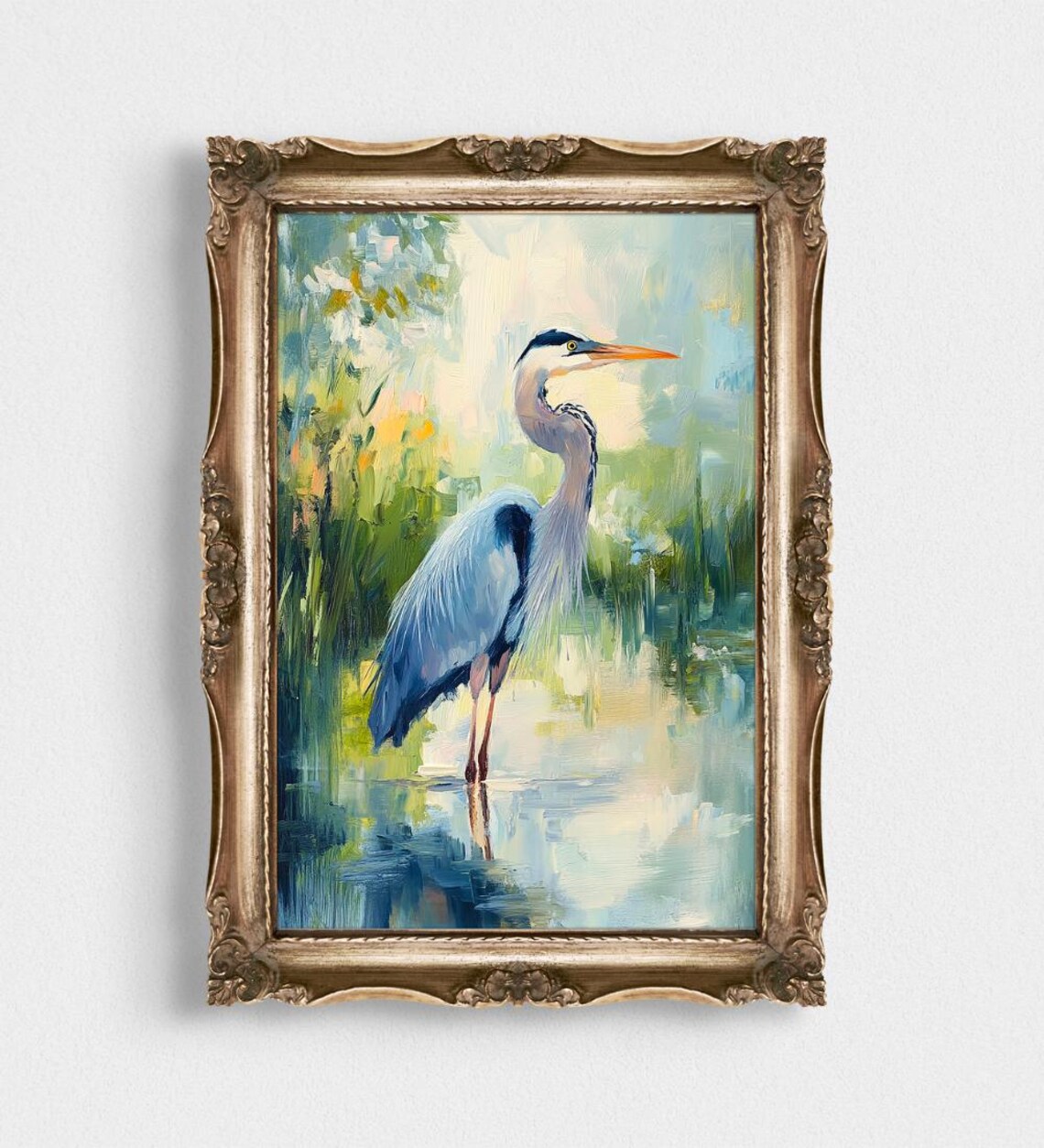 Blue Heron Marsh, Abstract Bird Oil Painting
