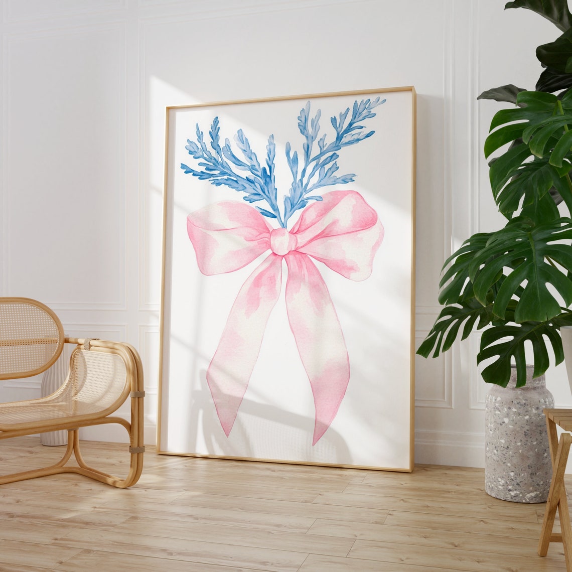 Pink Bow Wall Art Pink Bow Art Toile Print Girls Nursery Wall Art Pink And Blue Print For Girls Blush Girls Room Decor - Image 3