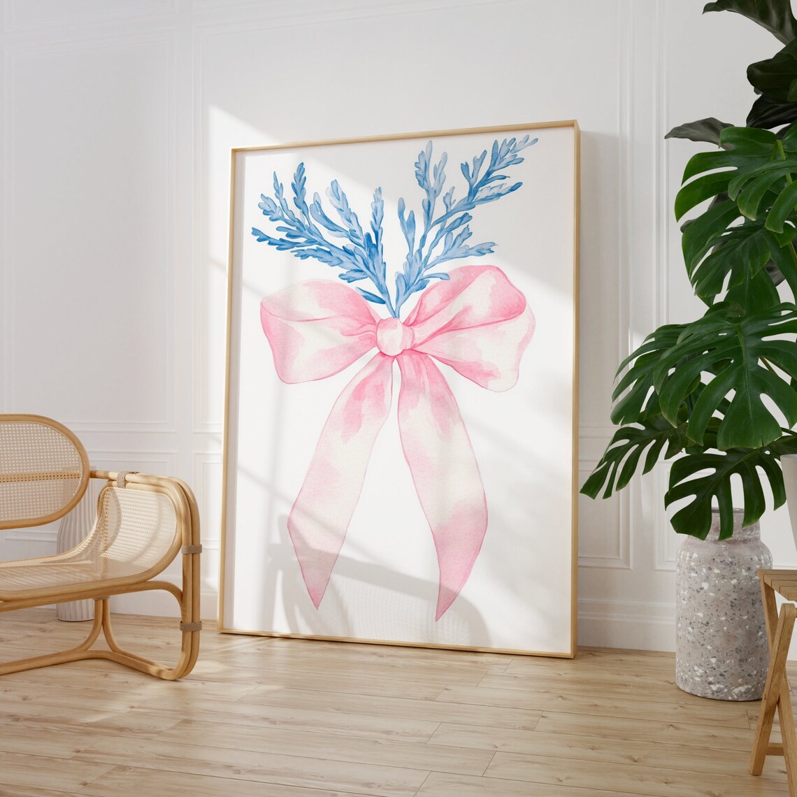 Pink Watercolor Ribbon Bow Blue Foliage Minimalist Nursery Art Poster - Image 3