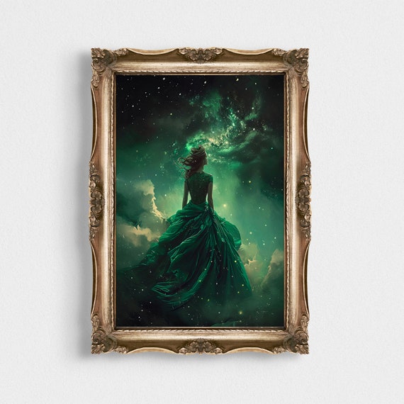 Vintage Celestial Woman Portrait Odd Dark Academia Moody Victorian Art Star Gazing Mystical Dark Cottagecore Starry Gothic Print