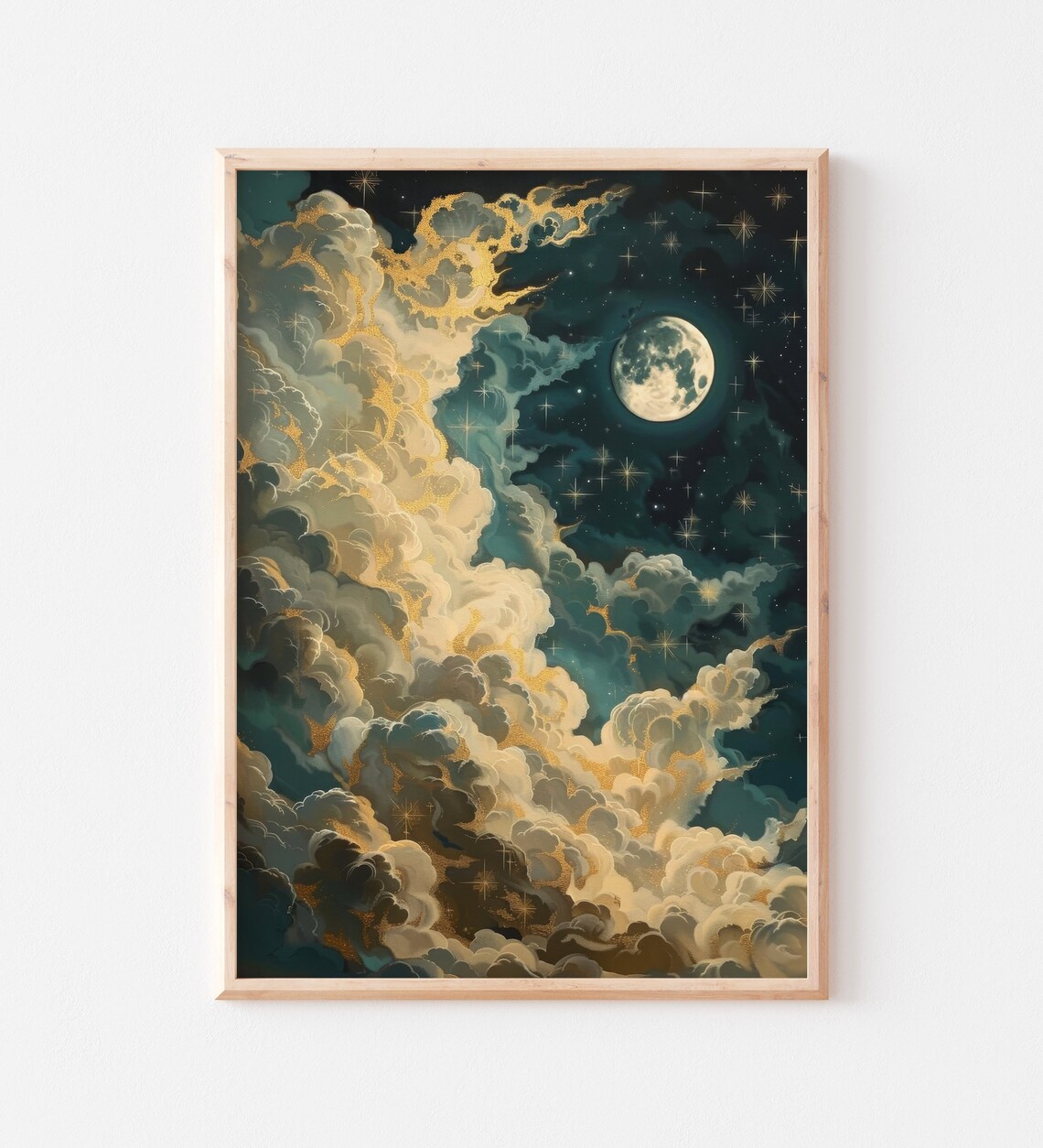 Gilded Clouds Moonlit Night Sky Stars Dark Celestial Dream Painting Poster - Image 2