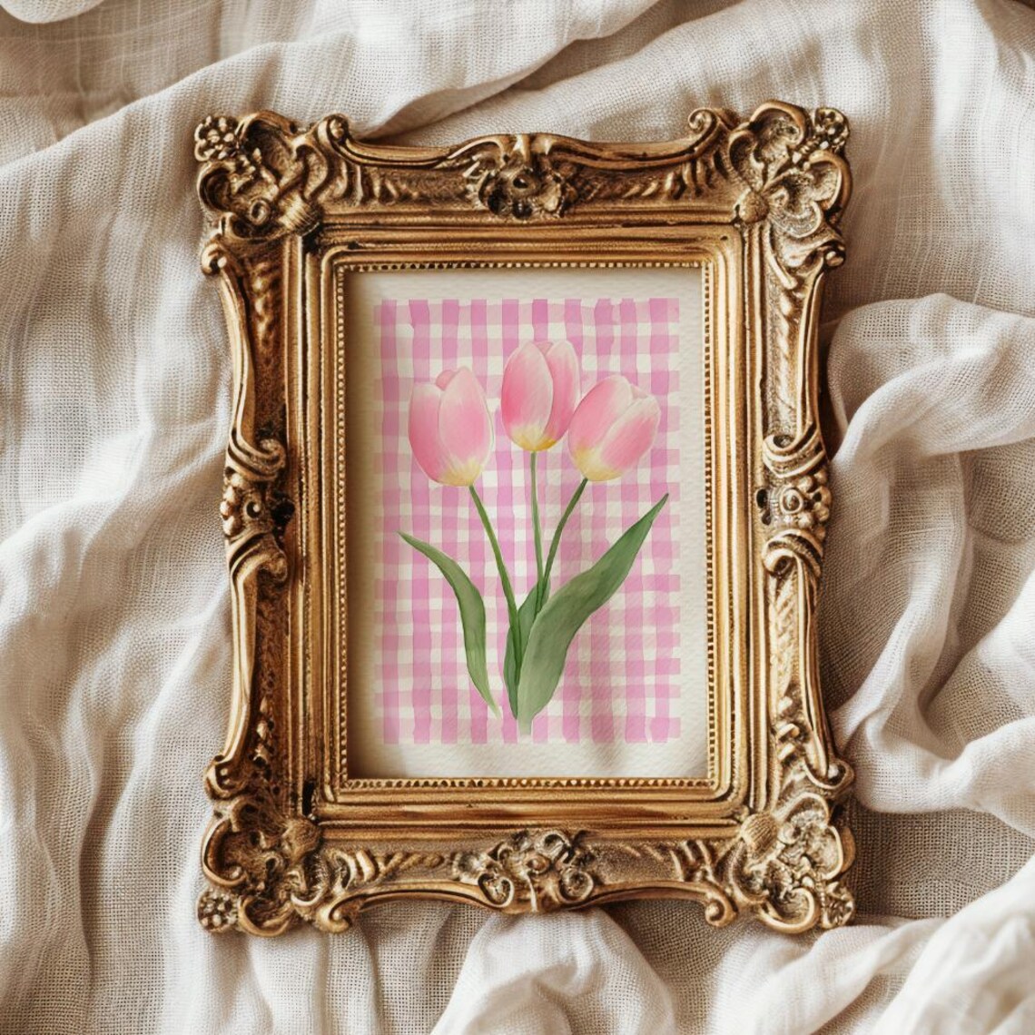 Pink Tulips Gingham Check Watercolor Flower Illustration Art Print - Image 2