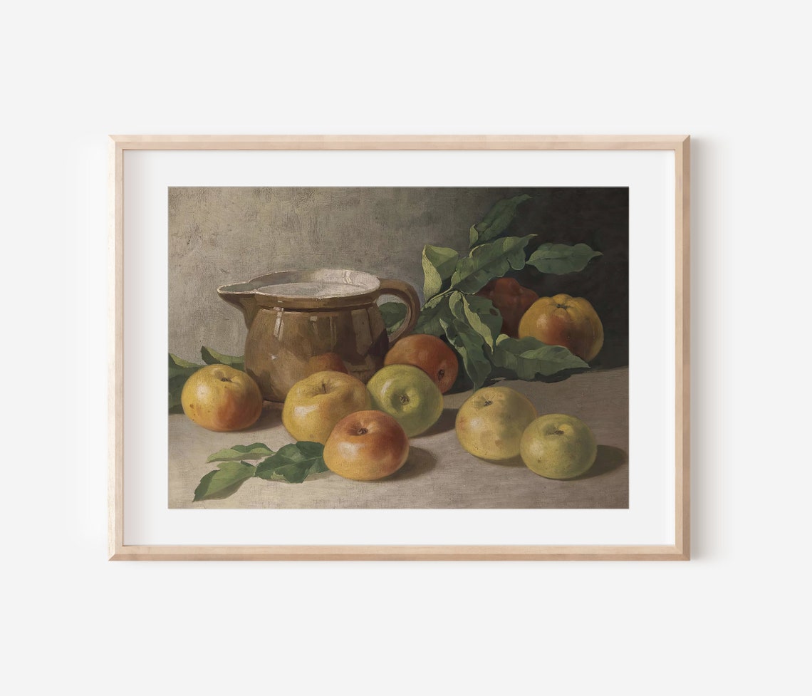Vintage Apples and Ceramic Pitcher Still Life Painting Print - Image 3