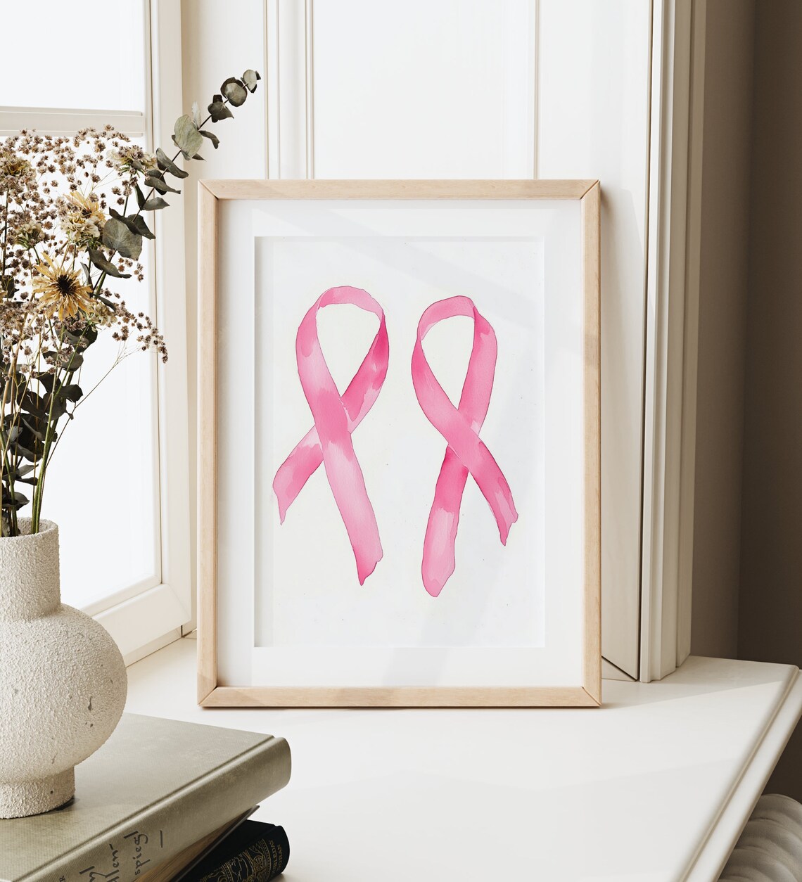 Pink Awareness Ribbon Pair Watercolor Meaningful Charity Art Poster - Image 2