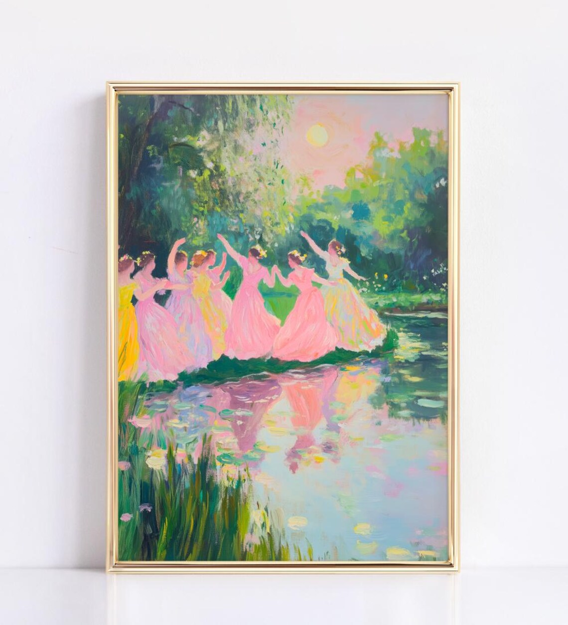 Dancing Witches at Forest Pond Art Print Colorful Dark Academia Occult Decor