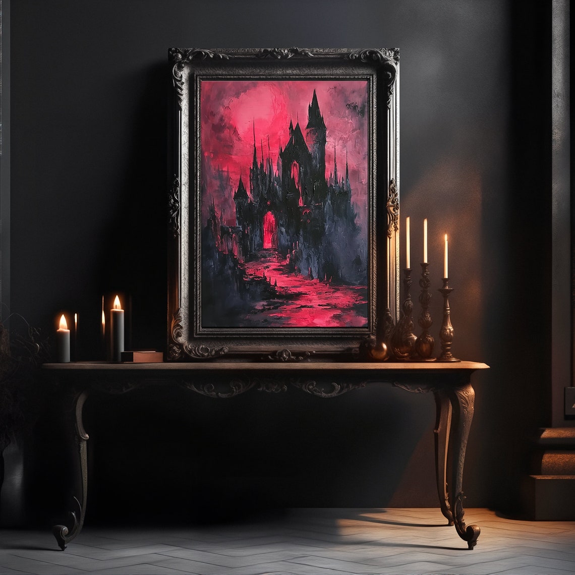 Black Gothic Castle Red Moonlit Sky Horror Fantasy Art Poster - Image 3