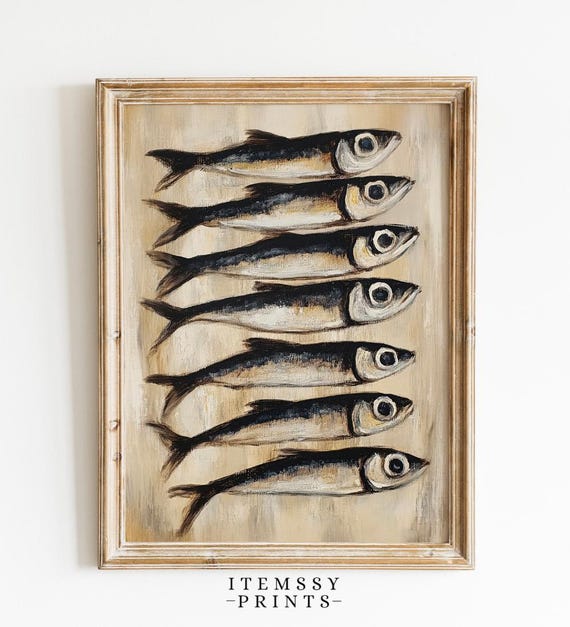 Retro Sardines Wall Art Print Vintage Fish Poster Bold Kitchen Eclectic Fish Wall Art Colorful Seafood Maximalist Kitchen Decor