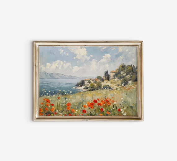 Mediterranean Coastal Village With Red Poppies Sunny Seaside Print