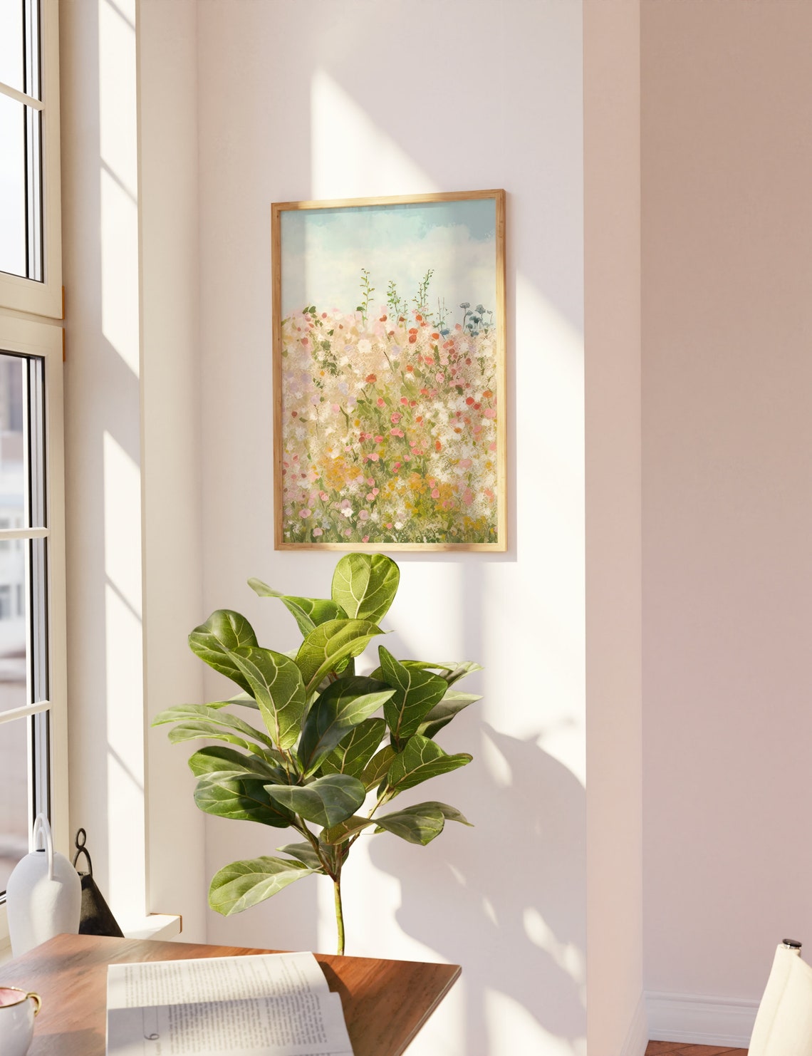 Dreamy Pink Wildflower Field Painting Soft Floral Meadow Art Poster - Image 2