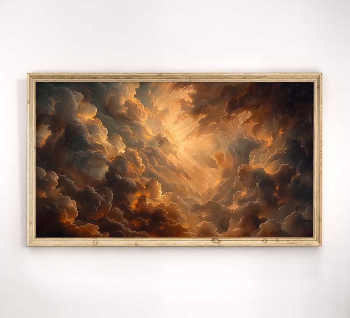 Dramatic Golden Light Breaking Through Dark Storm Clouds Sky Poster