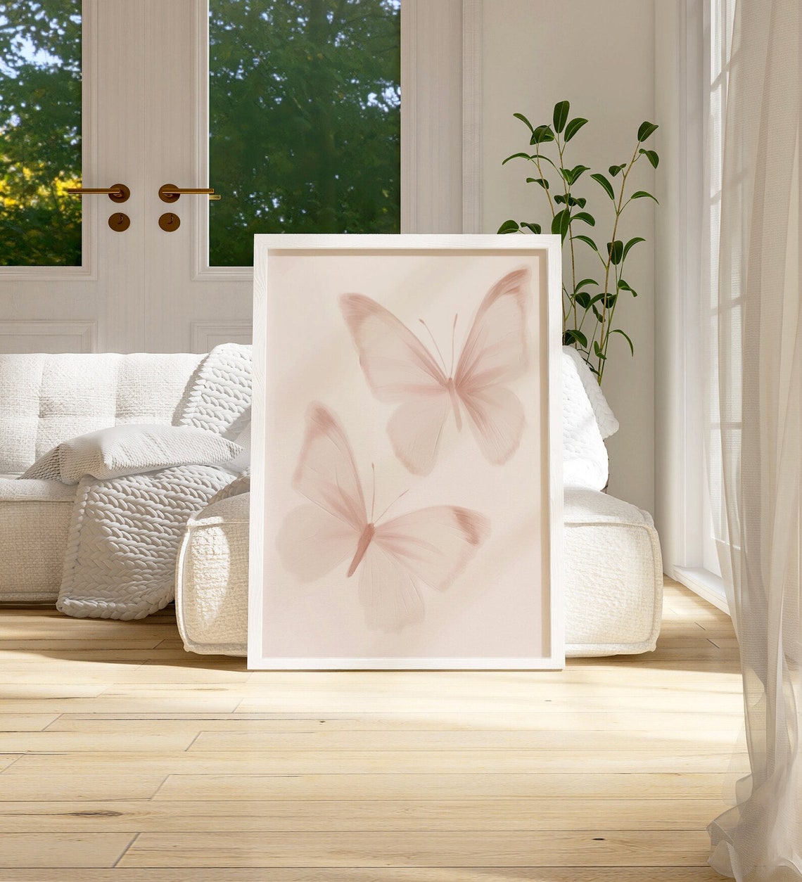 Two Translucent Blush Pink Butterflies Minimalist Art Poster - Image 2