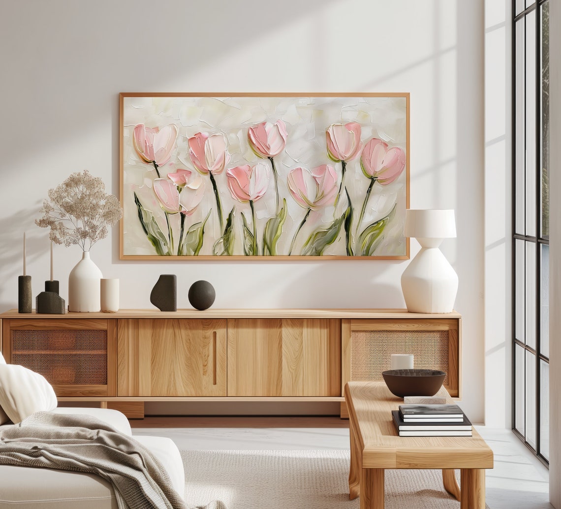 Blush Pink Tulips Textured Impasto Floral Painting Spring Wall Poster - Image 3