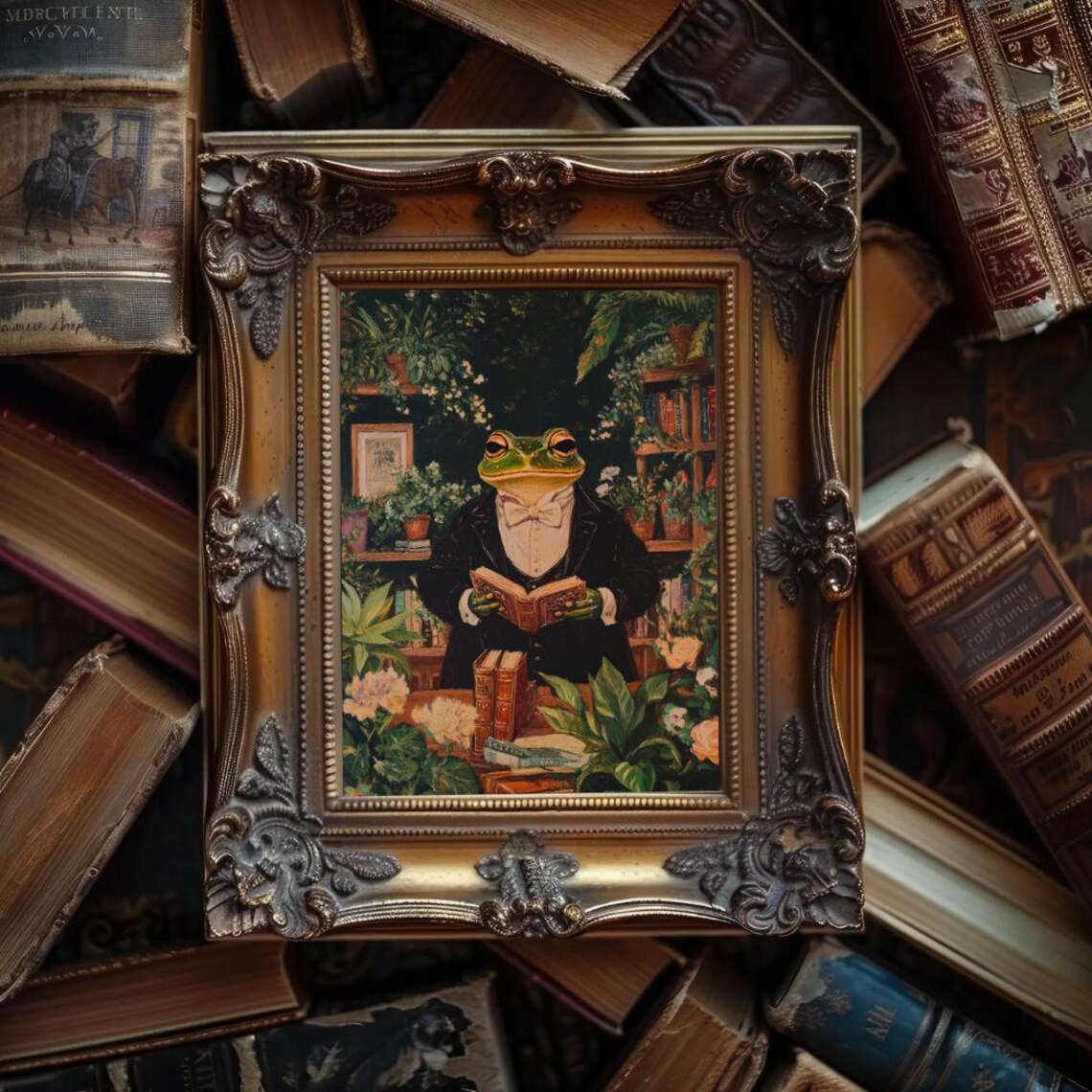 Botanical Vintage Reading Frog, Dark Academia Art - Image 2