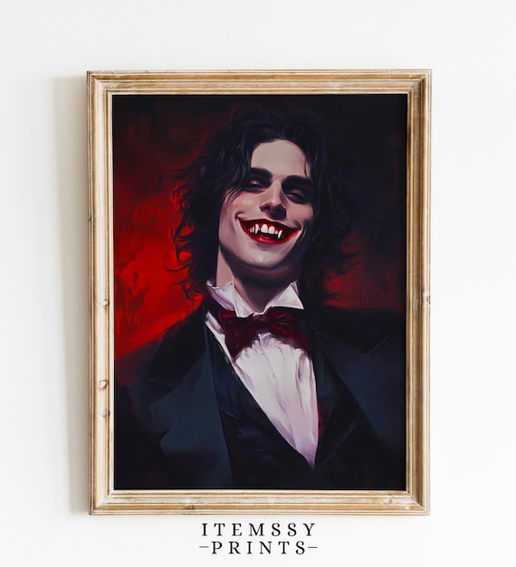 Grinning Vampire Portrait Dark Romantic Gothic Oil Painting Print