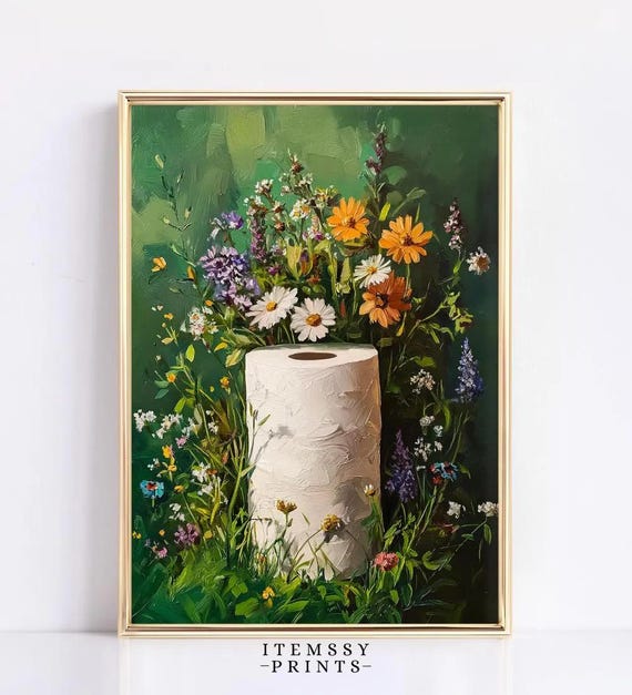 Moody Botanical Toilet Paper Roll Art Dark Green Floral Wall Print Vintage Flowers Bathroom Decor Cottagecore Wildflowers Painting