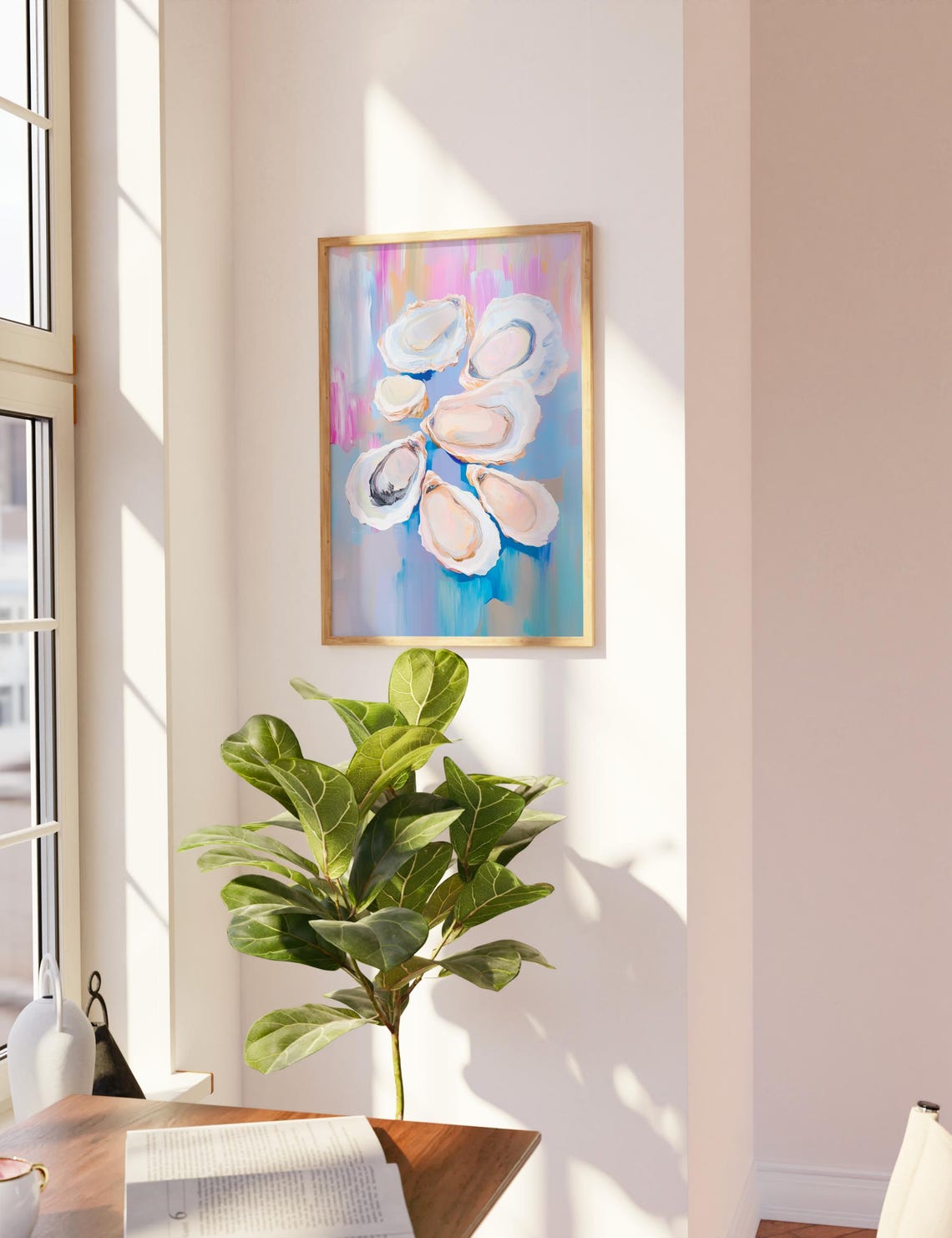 Oyster Shells Pastel Blue Pink Abstract Coastal Kitchen Wall Art - Image 2