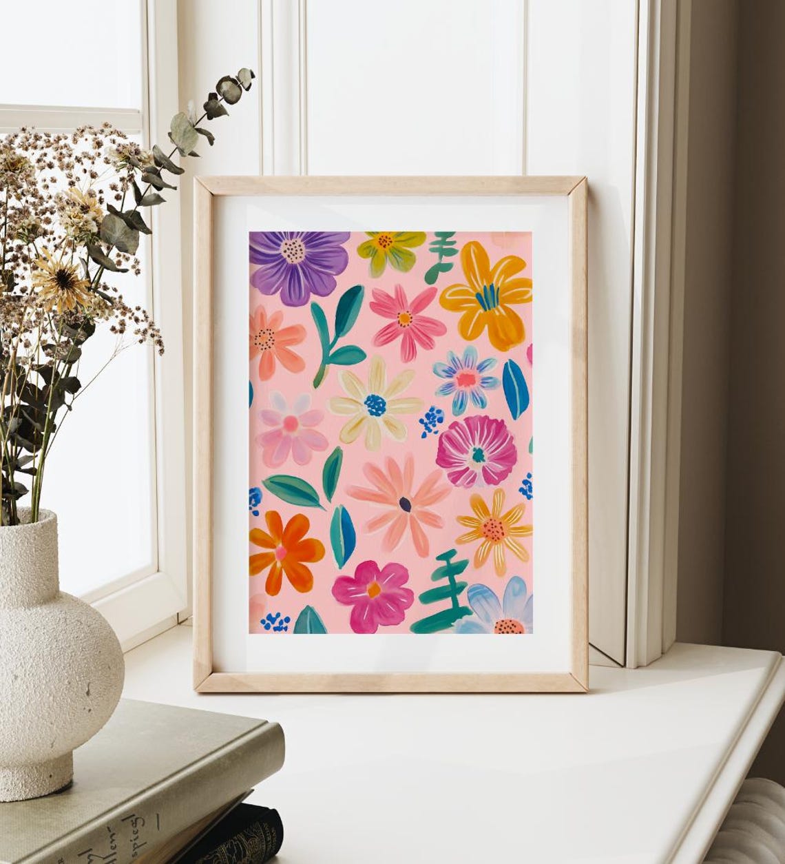 Bright Abstract Flower Garden Pattern Colorful Pink Floral Wall Poster - Image 2