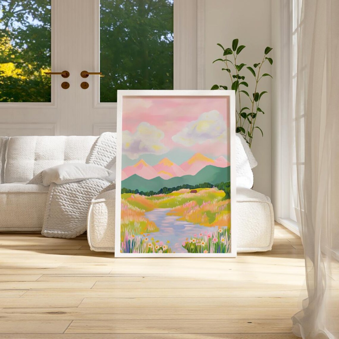 Colorful Pastel Mountain Valley Wildflower Meadow Stream Wall Art - Image 2