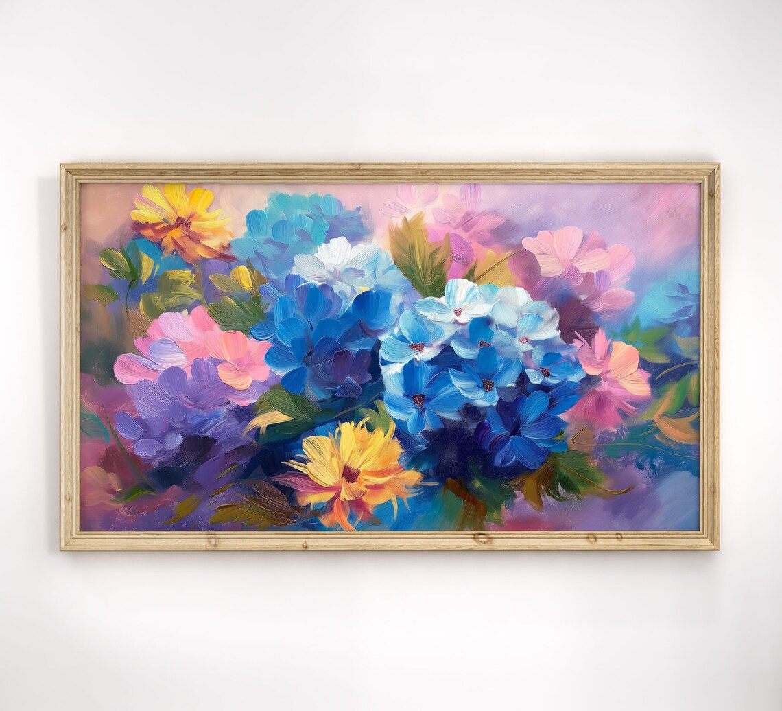 Vibrant Blue Pink Yellow Floral Impasto Painting Colorful Bloom Poster