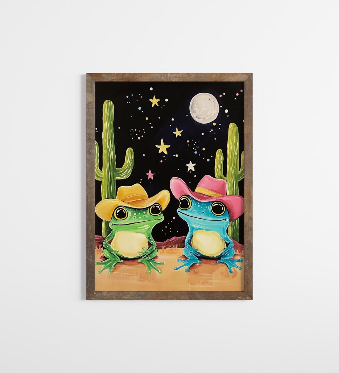 Cowboy Frogs Night Desert Moon Stars Cacti Whimsical Art Poster - Image 3