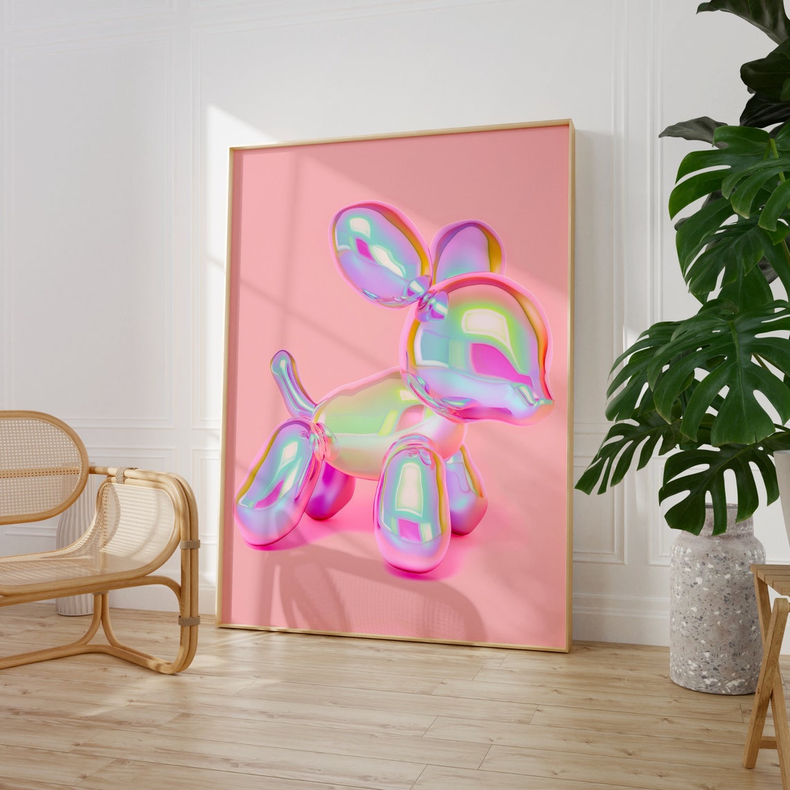 Iridescent Pink Balloon Dog Sculpture 3D Pop Art Preppy Pink Wall Art - Image 3
