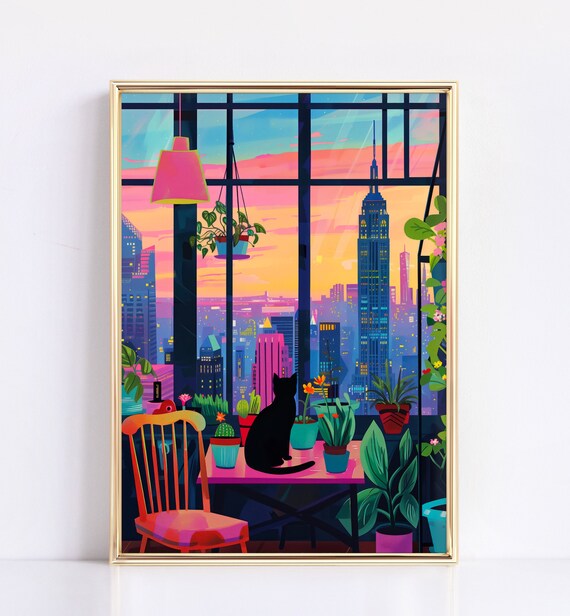 Black Cat Watching New York City Sunset Skyline Window Scene Poster