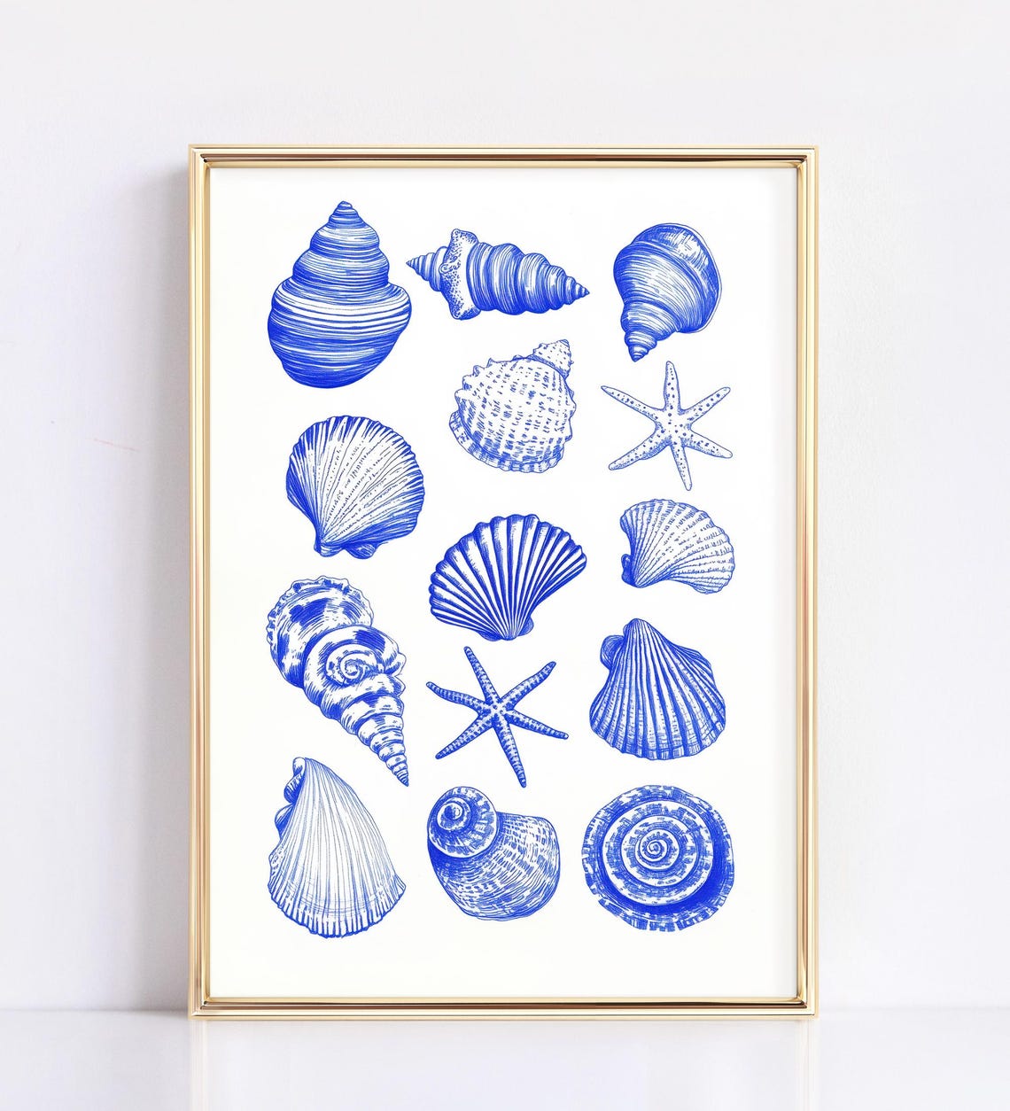 Blue Ink Seashells and Starfish Vintage Coastal Home Decor Poster - Image 3