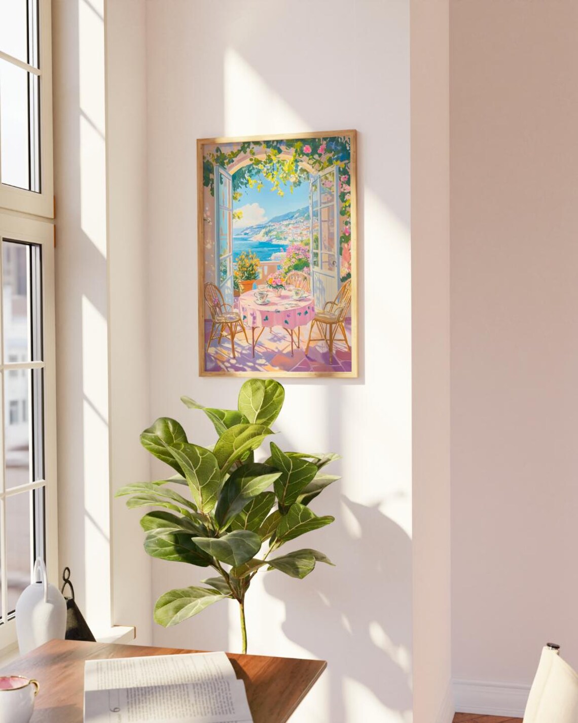 Sunlit Open Terrace Overlooking Mediterranean Coast Art Print French Doors View - Image 3
