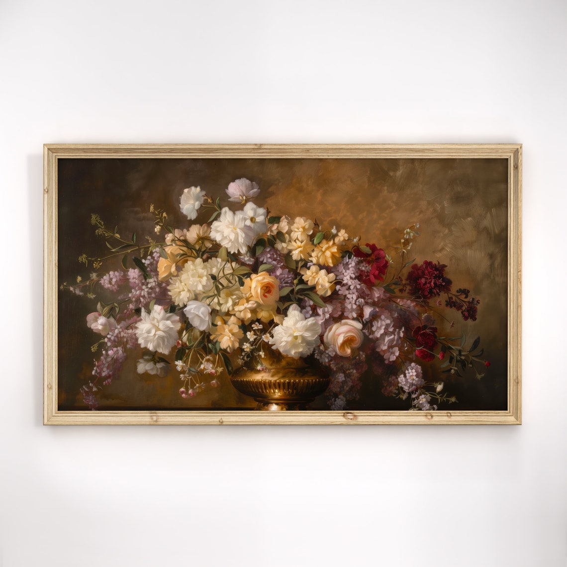 Vintage White Roses Lilacs Gold Vase Moody Floral Still Life Poster