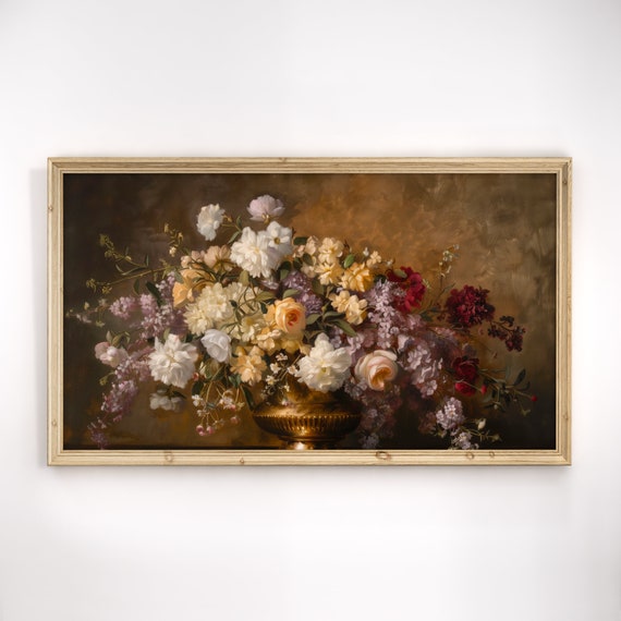 Moody Floral Tv Art Vintage Flower Painting Dark Flowers Wall Art Antique Oil Painting Vintage Botanical Tv Art Home Decor