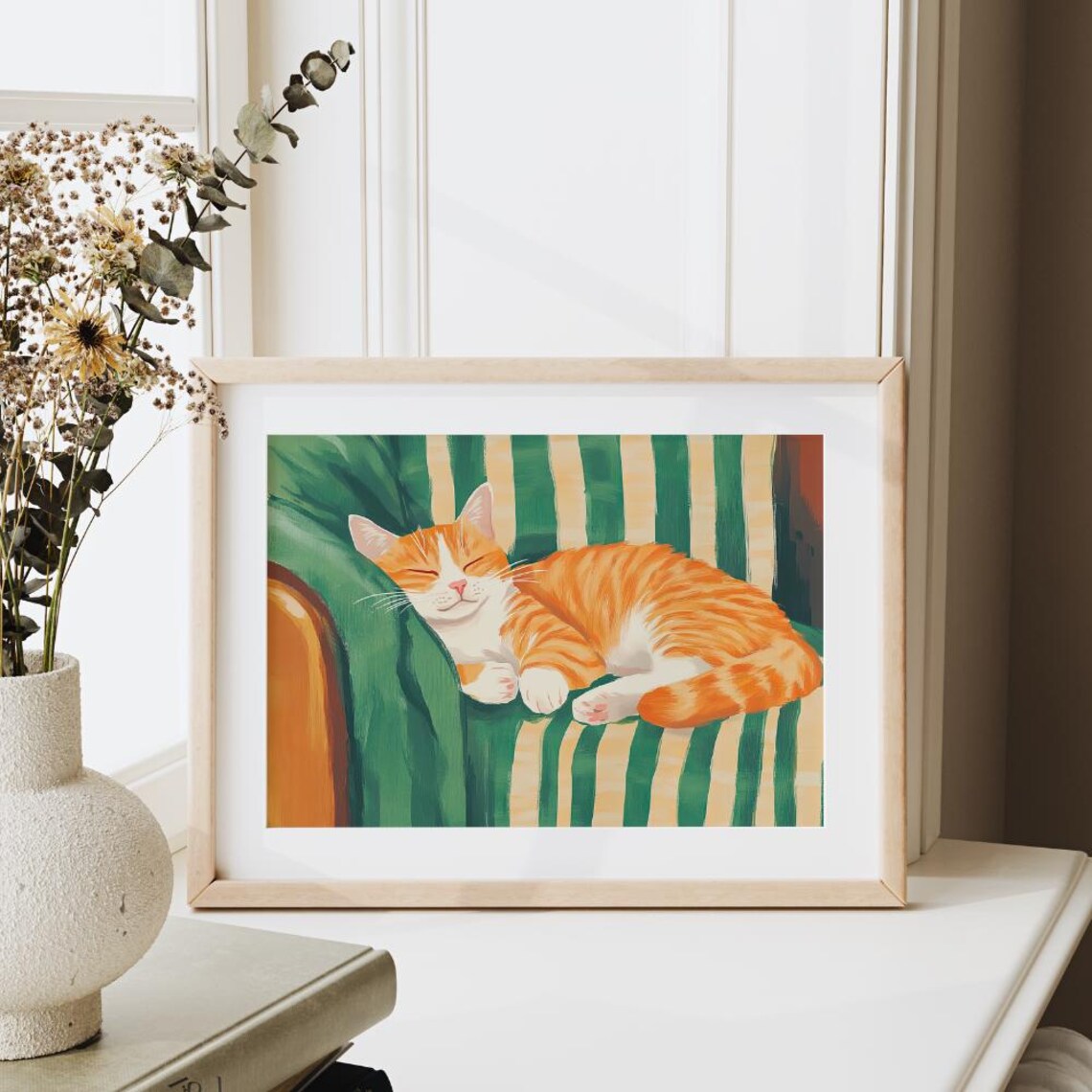 Orange Tabby Cat Napping on Striped Chair Cozy Sleeping Feline Art Poster - Image 4