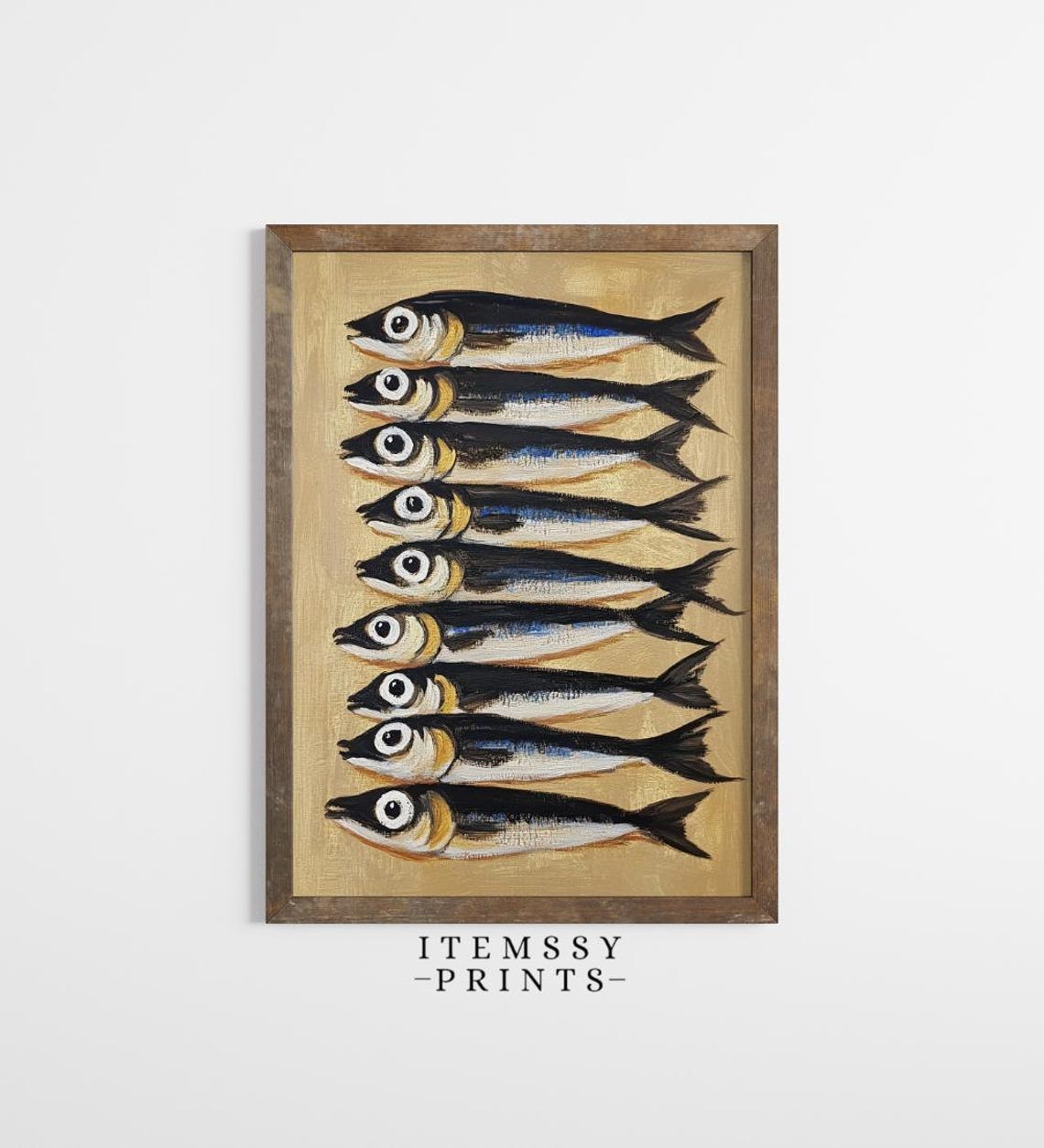 Nine Sardines Row Bold Folk Art Painting Gold Ground Fish Poster - Image 3