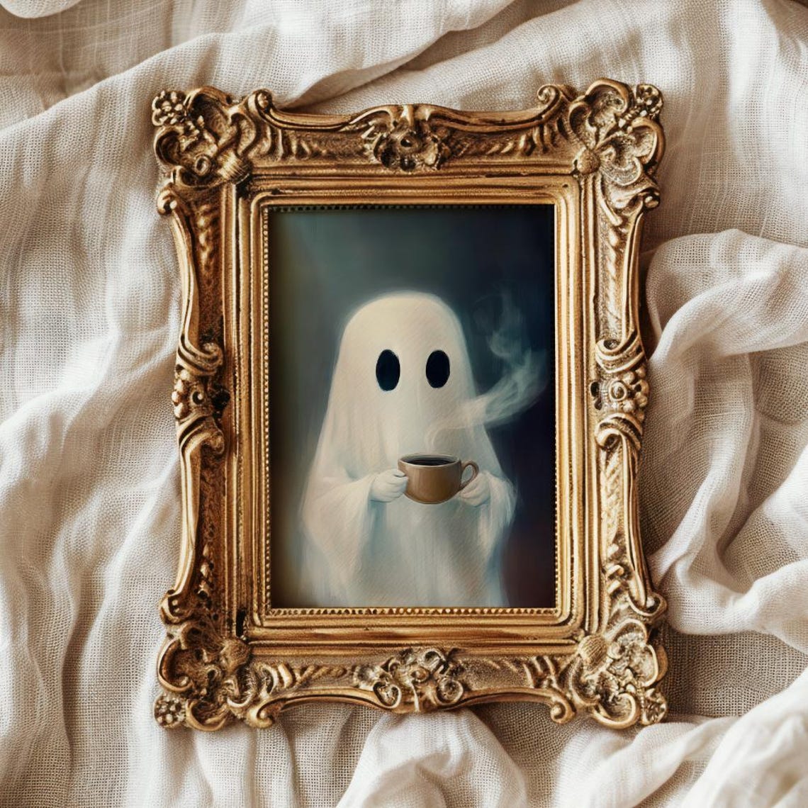 Cute Ghost Drinking Coffee Painting Fall Halloween Decor Poster - Image 2