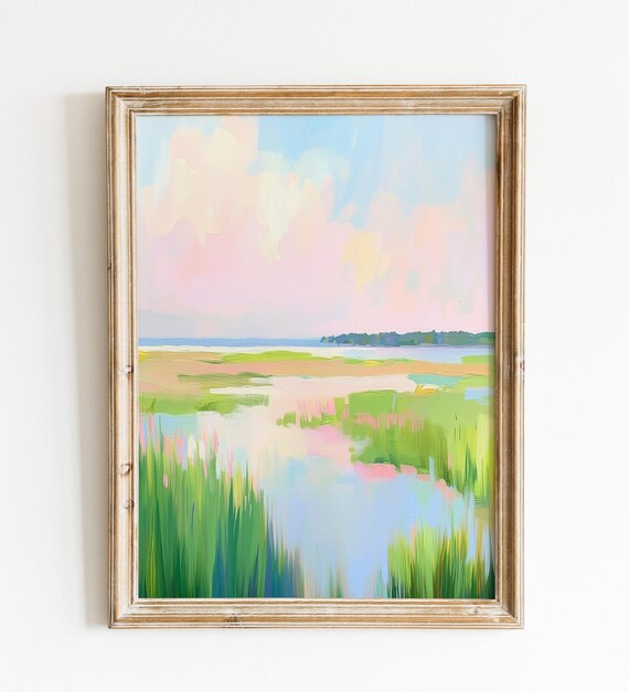 Pastel Marsh Golden Sunset Serene Coastal Wetland Watercolor Poster
