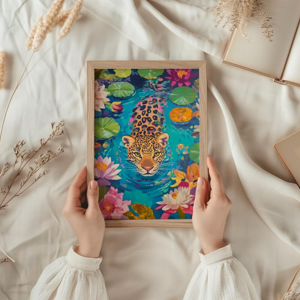 Leopard Swimming Among Water Lilies Tropical Painting Poster - Image 2