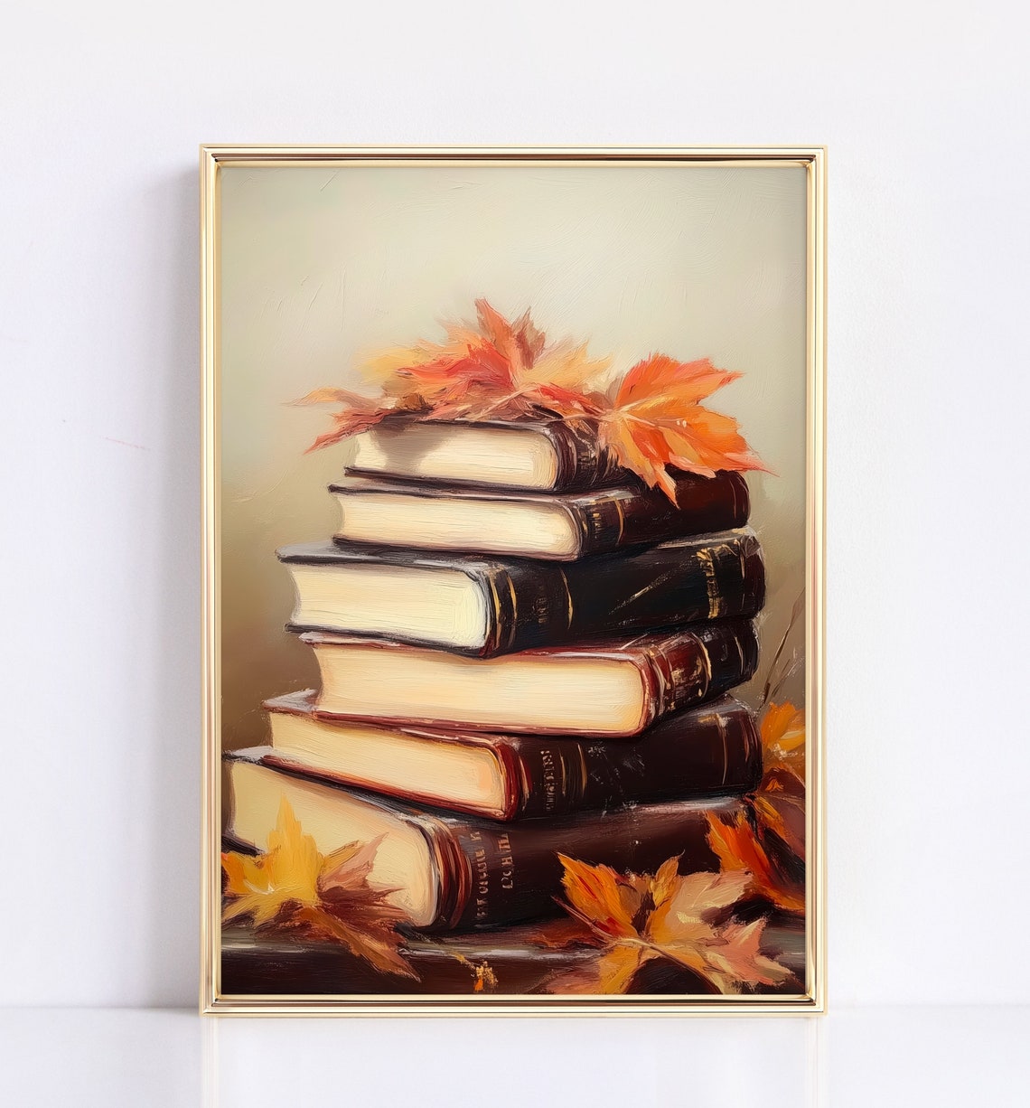 Vintage Book Stack Autumn Leaves Cozy Fall Still Life Painting Poster - Image 3