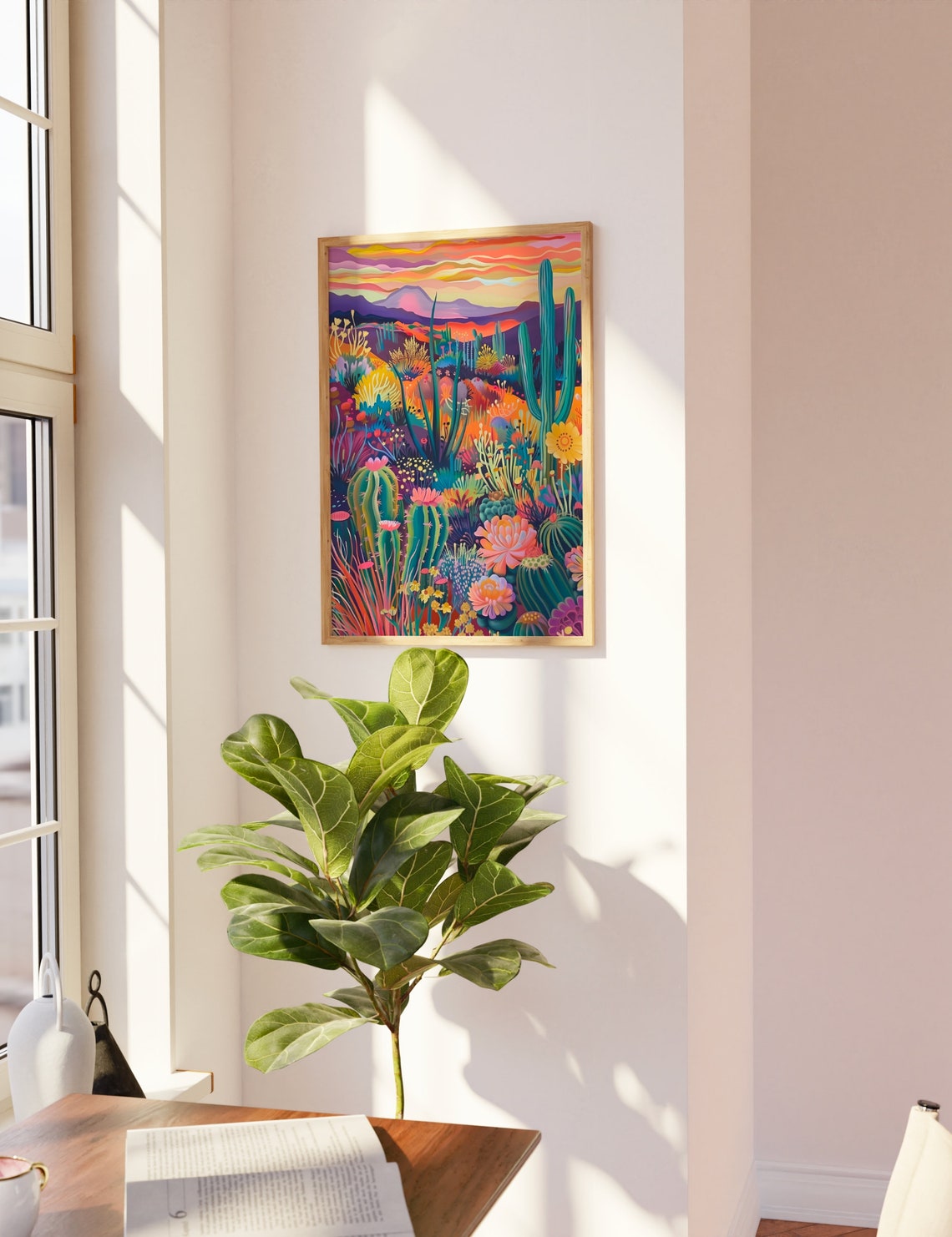 Vivid Desert Sunset Saguaro Cacti Mountains Psychedelic Art Poster - Image 2