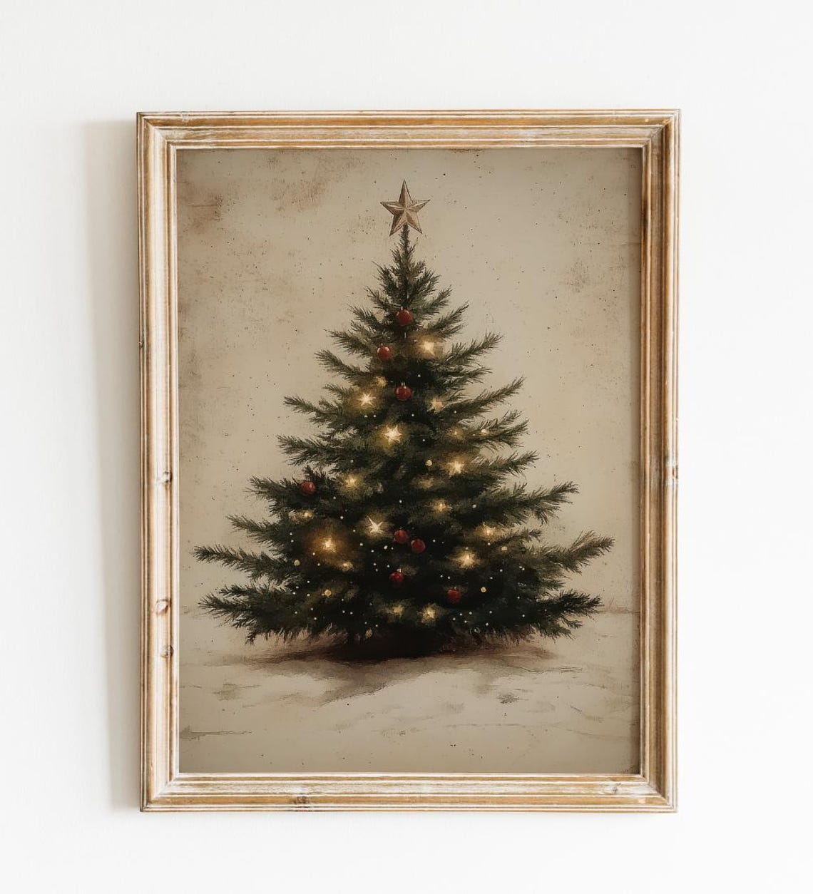 Small Glowing Christmas Tree With Red Ornaments And Star Poster