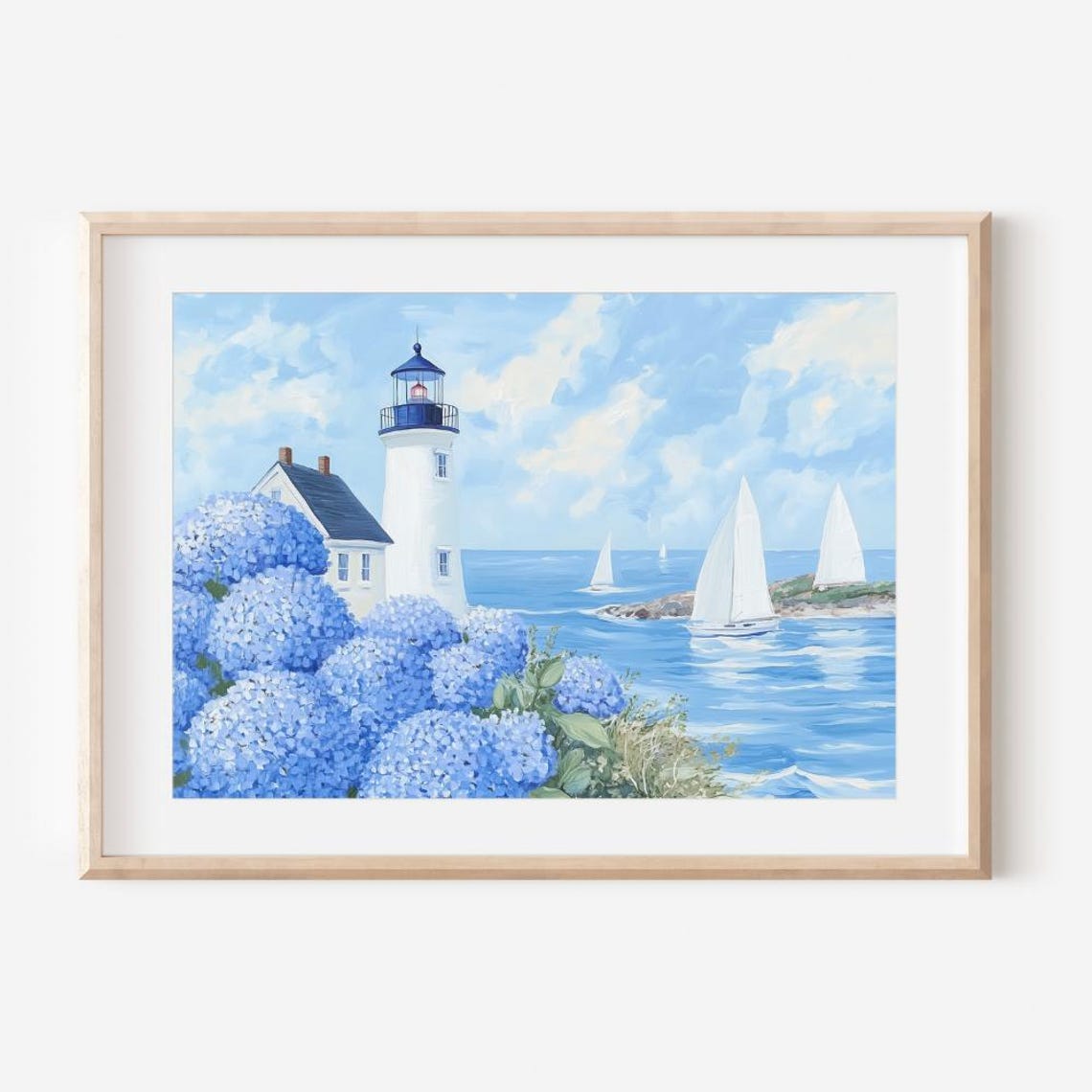 Lighthouse Sailboats Blue Hydrangeas Coastal Seaside Art Poster - Image 3