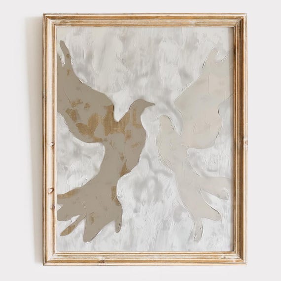Neutral Birds Oil Painting Art Print Minimalist Home Decor