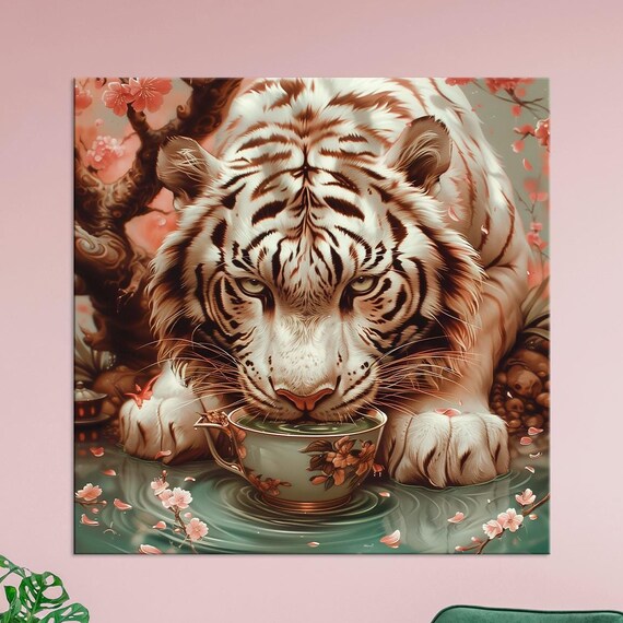 White Tiger Drinking Tea From Cup Cherry Blossoms East Asian Art Print
