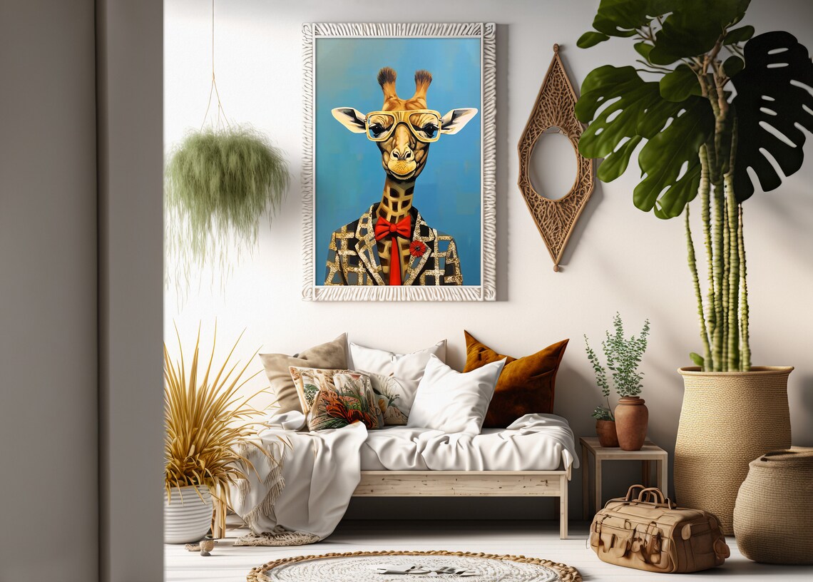 Giraffe in Gold Glasses Sequin Blazer and Red Bow Tie Portrait Poster - Image 2