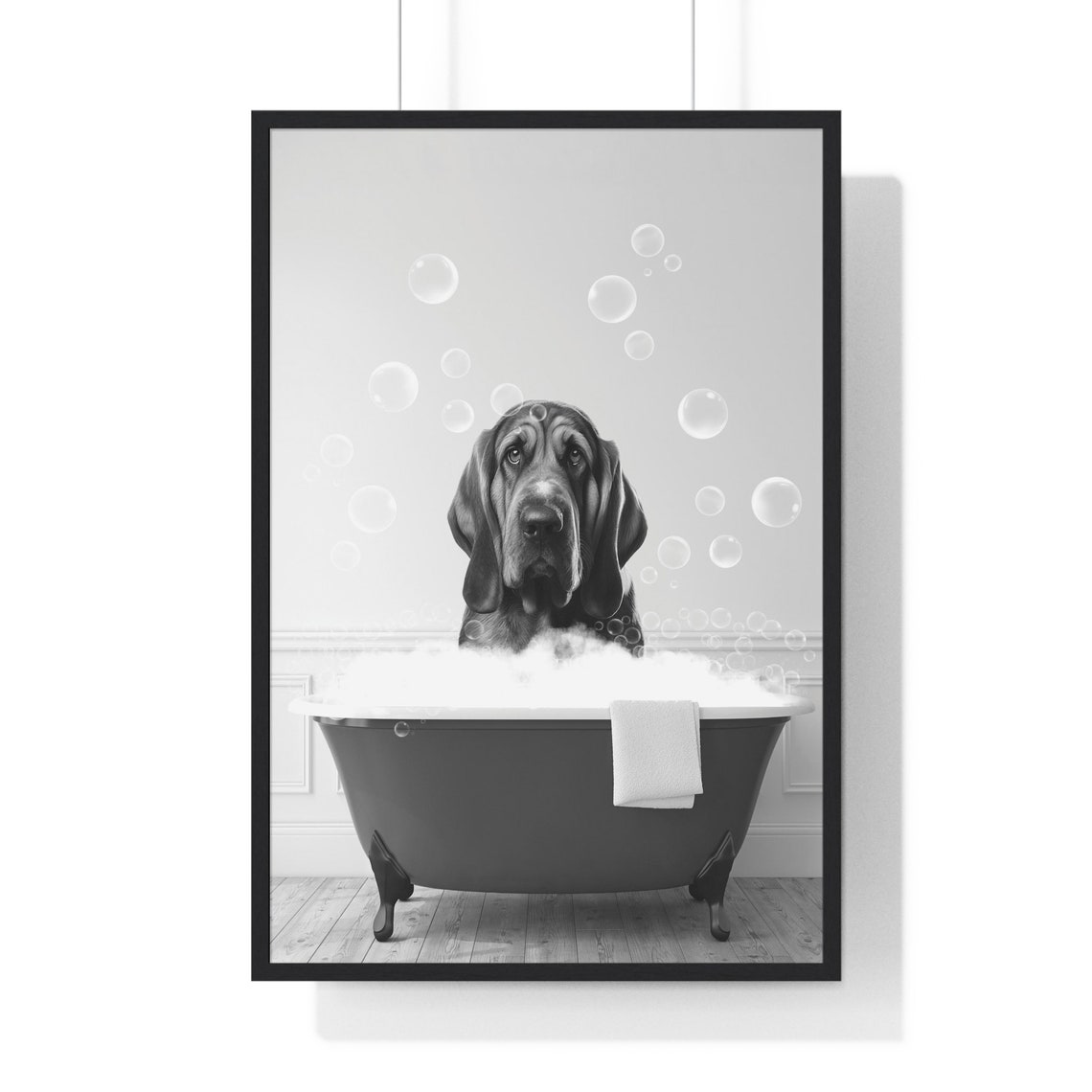 Bloodhound Dog in a Bubble Bath Black and White Funny Bathroom Poster