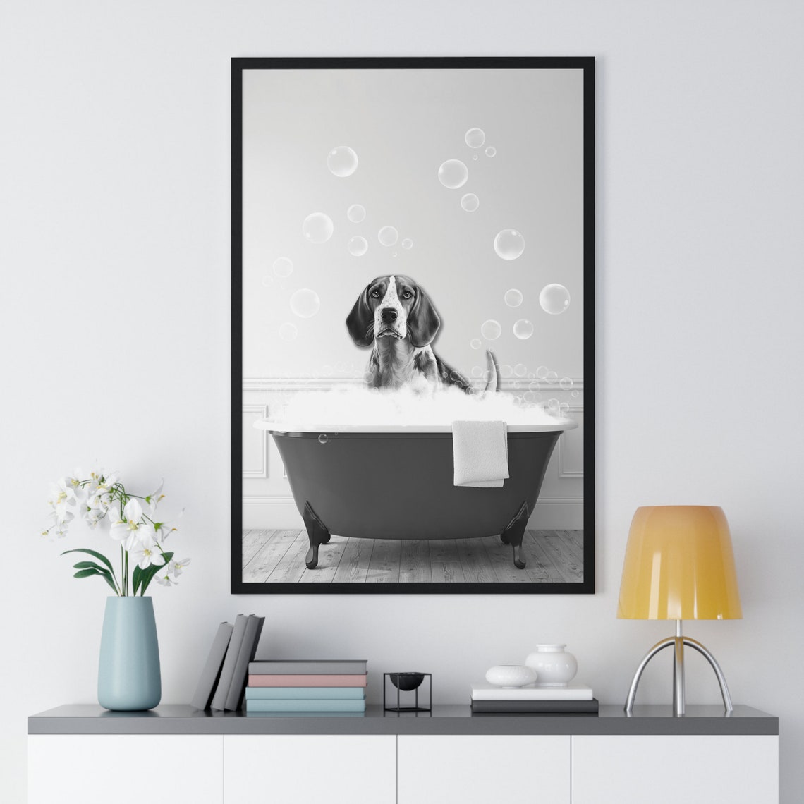 Foxhound Soaking In Bubble Bath Black And White Bathroom Dog Poster - Image 2