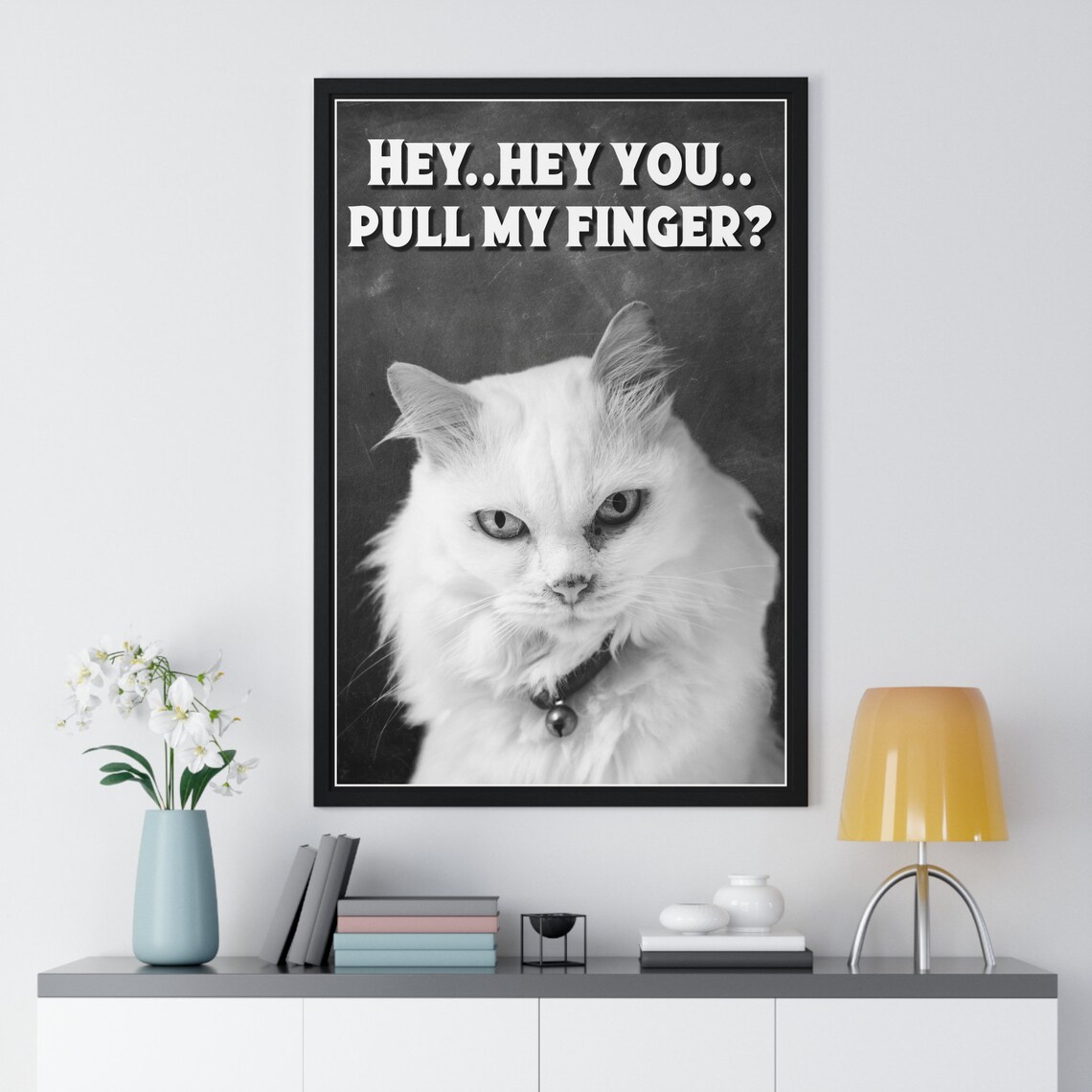 Black And White Grumpy White Cat Selfie Pull My Finger Funny Bathroom Poster - Image 2