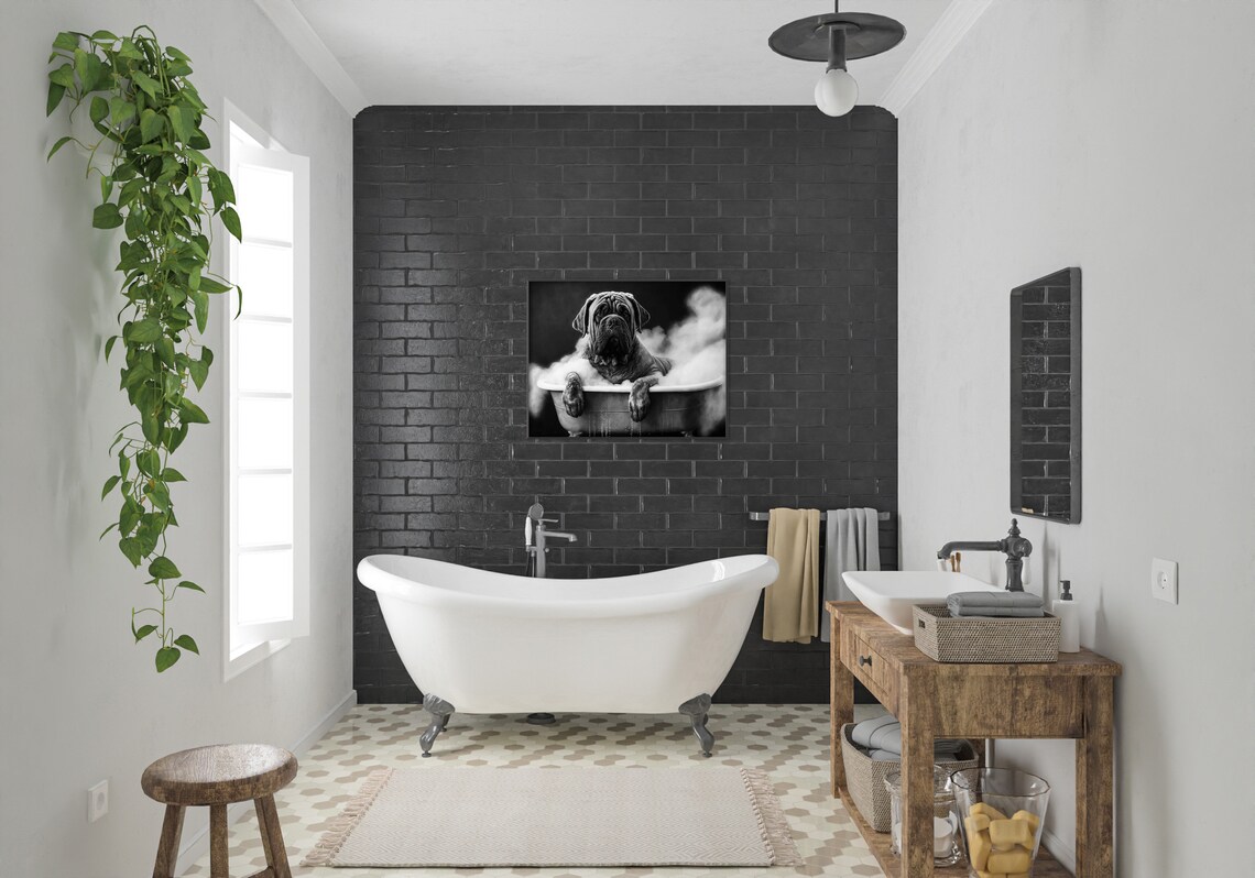 Mastiff In A Bathtub Print Funny Bathroom Print Animal In Bathtub Mastiff In A Tub Print Black And White Whimsy Animal Art - Image 2